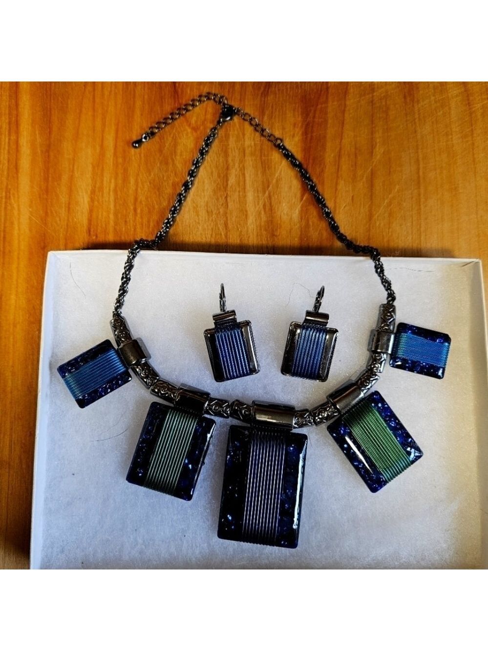 Dichroic Blue/Green Sky Burst Glass Necklace & Pierced Earrings Set